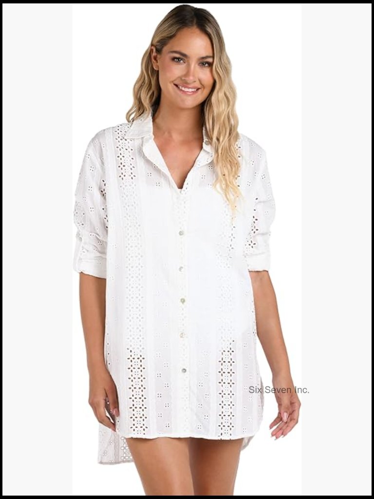 Cotton Long Sleeve Button Down Cover Up Dress With Side Slits